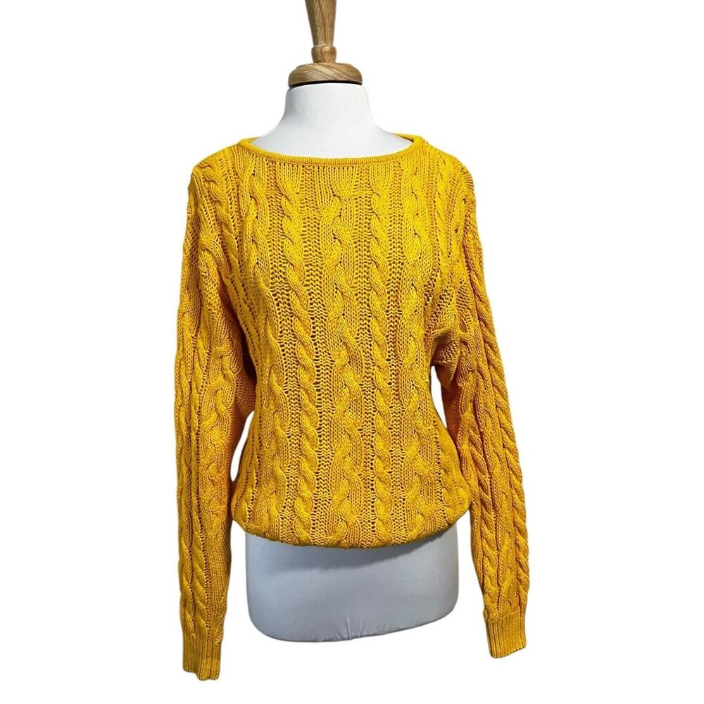 Vintage 80s Forenza Loose Knit Slouchy Yellow Cable Sweater M Oversized